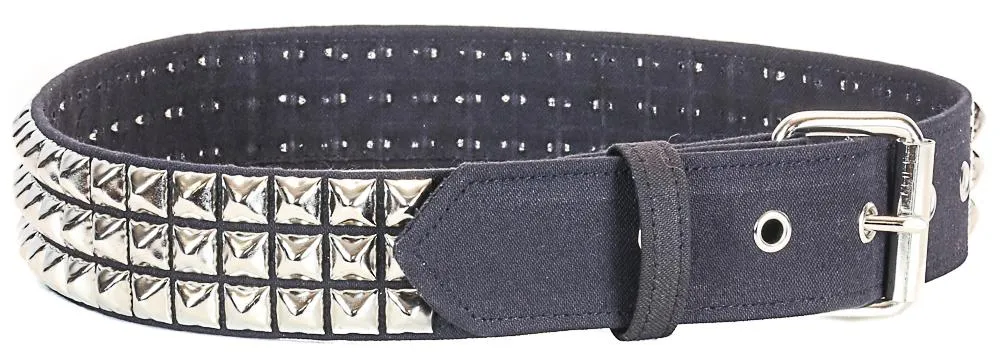 1 3/4" Wide 3 Row Pyramid Stud Belt Black Canvas Fabric