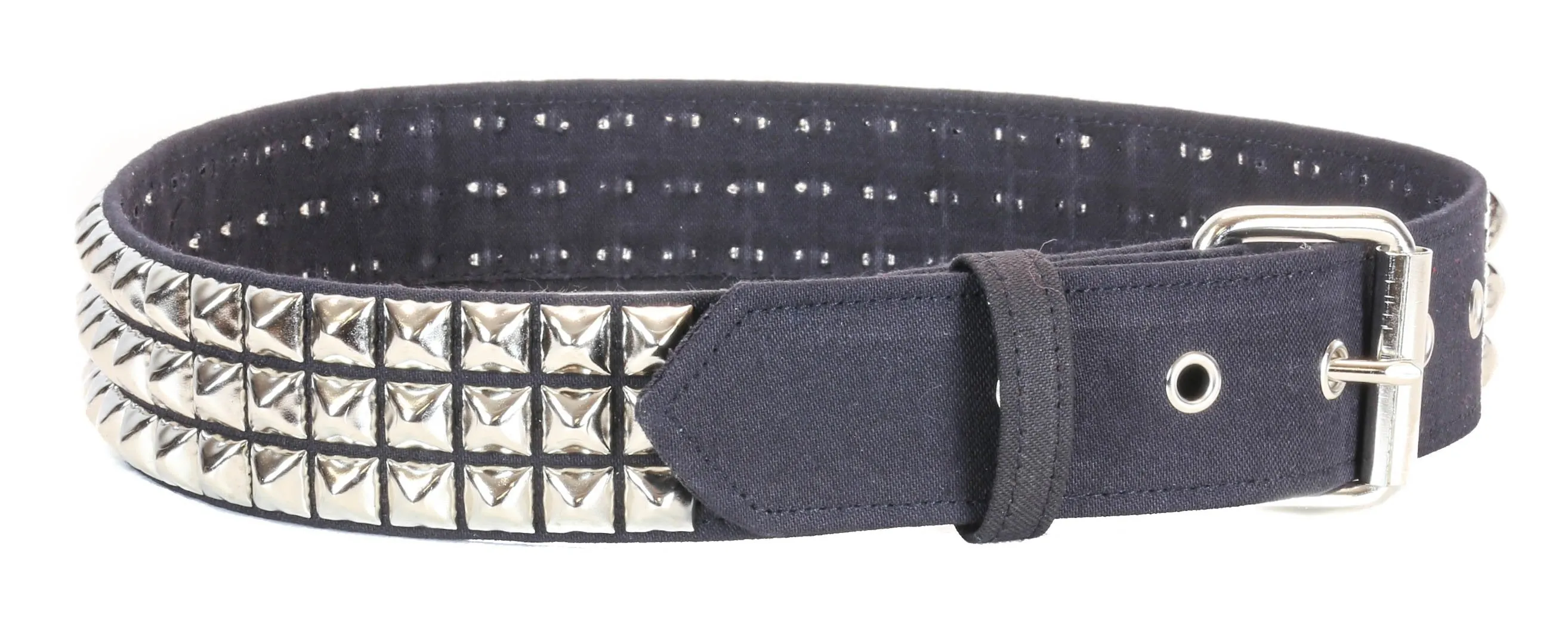 1 3/4" Wide 3 Row Pyramid Stud Belt Black Canvas Fabric