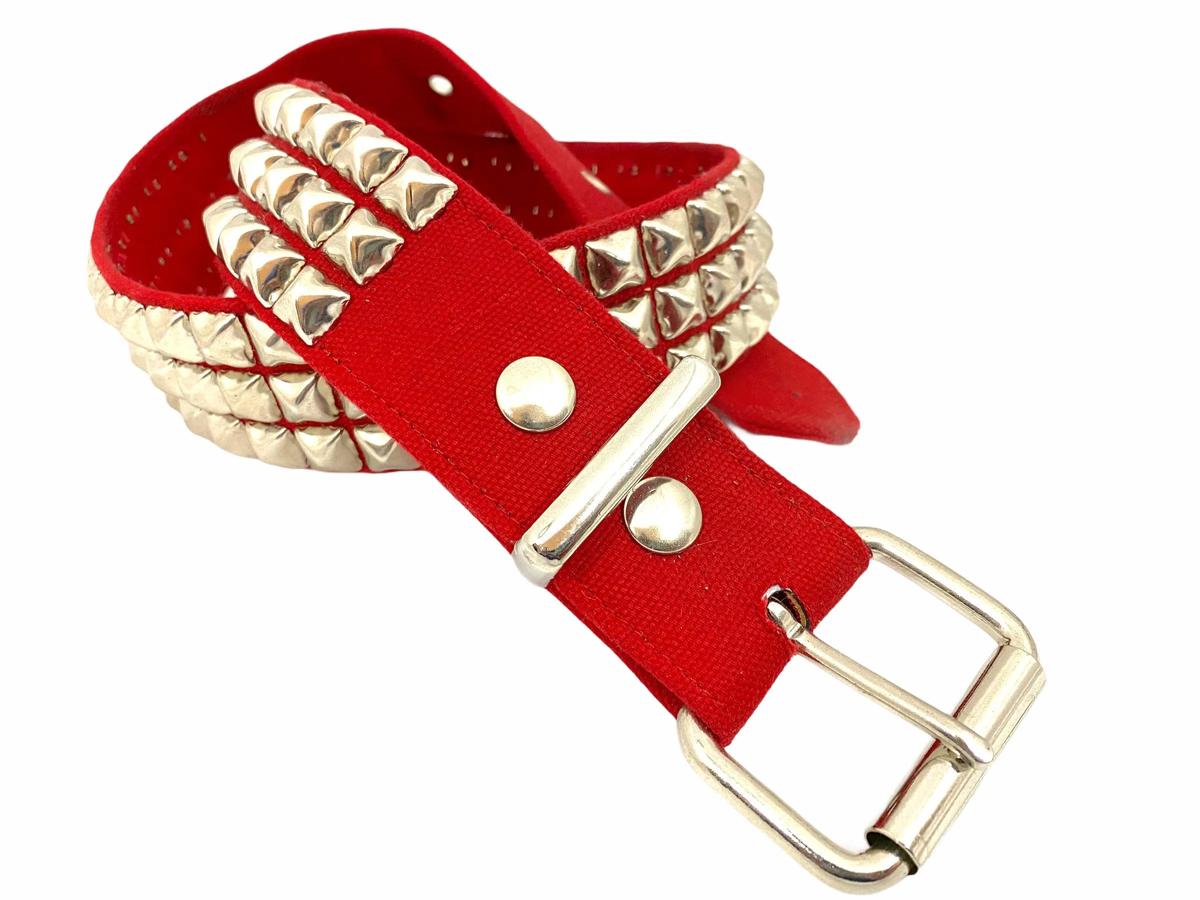 1 3/4" Wide 3 Row Pyramid Stud Belt Red Canvas Denim