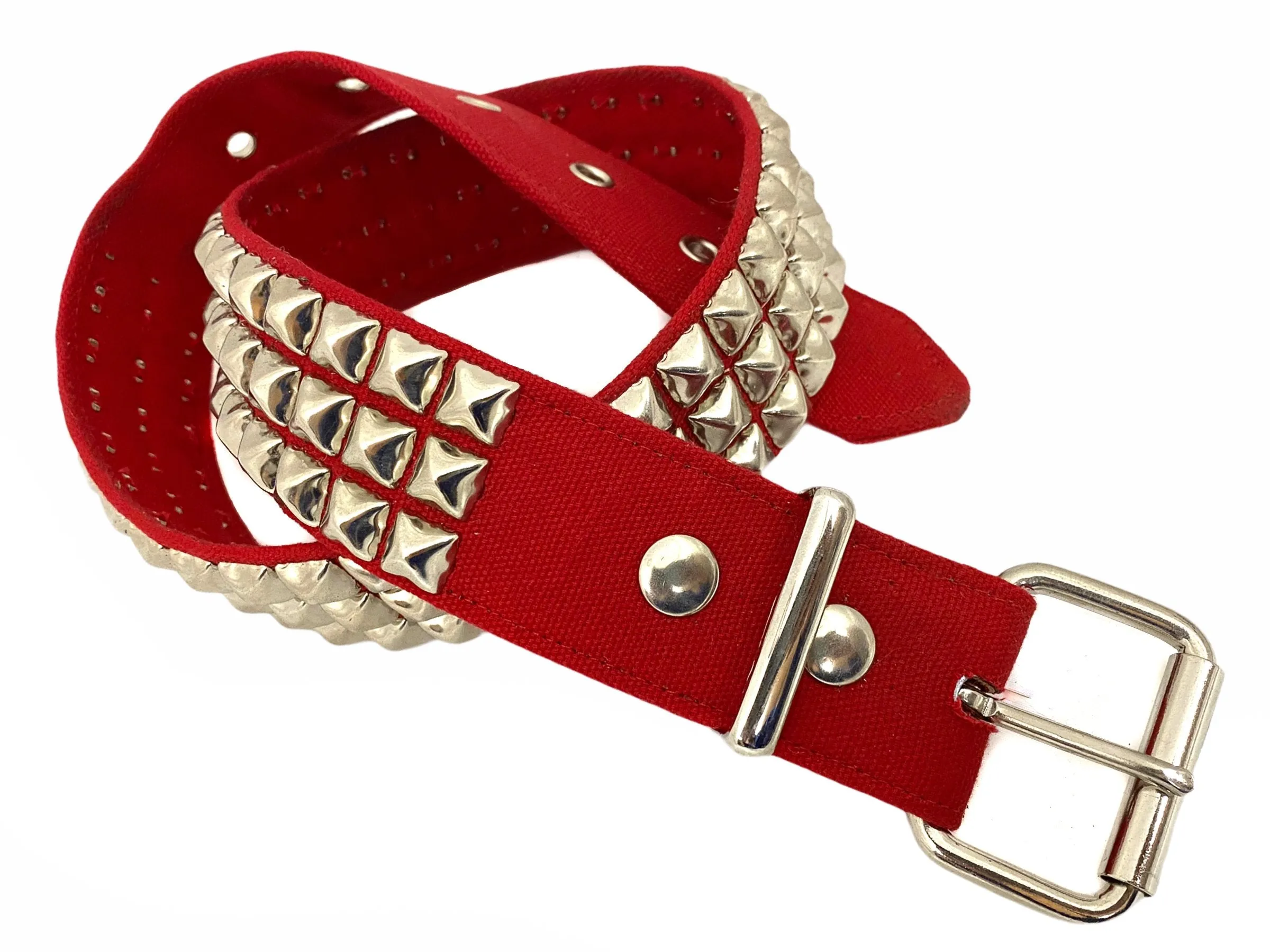1 3/4" Wide 3 Row Pyramid Stud Belt Red Canvas Denim