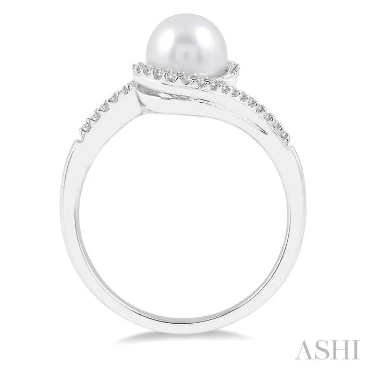 1/10 Ctw 7x7mm White Cultured Pearl & Round Cut Diamond Ring in 10K White Gold