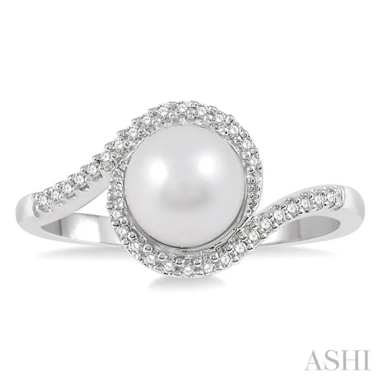 1/10 Ctw 7x7mm White Cultured Pearl & Round Cut Diamond Ring in 10K White Gold