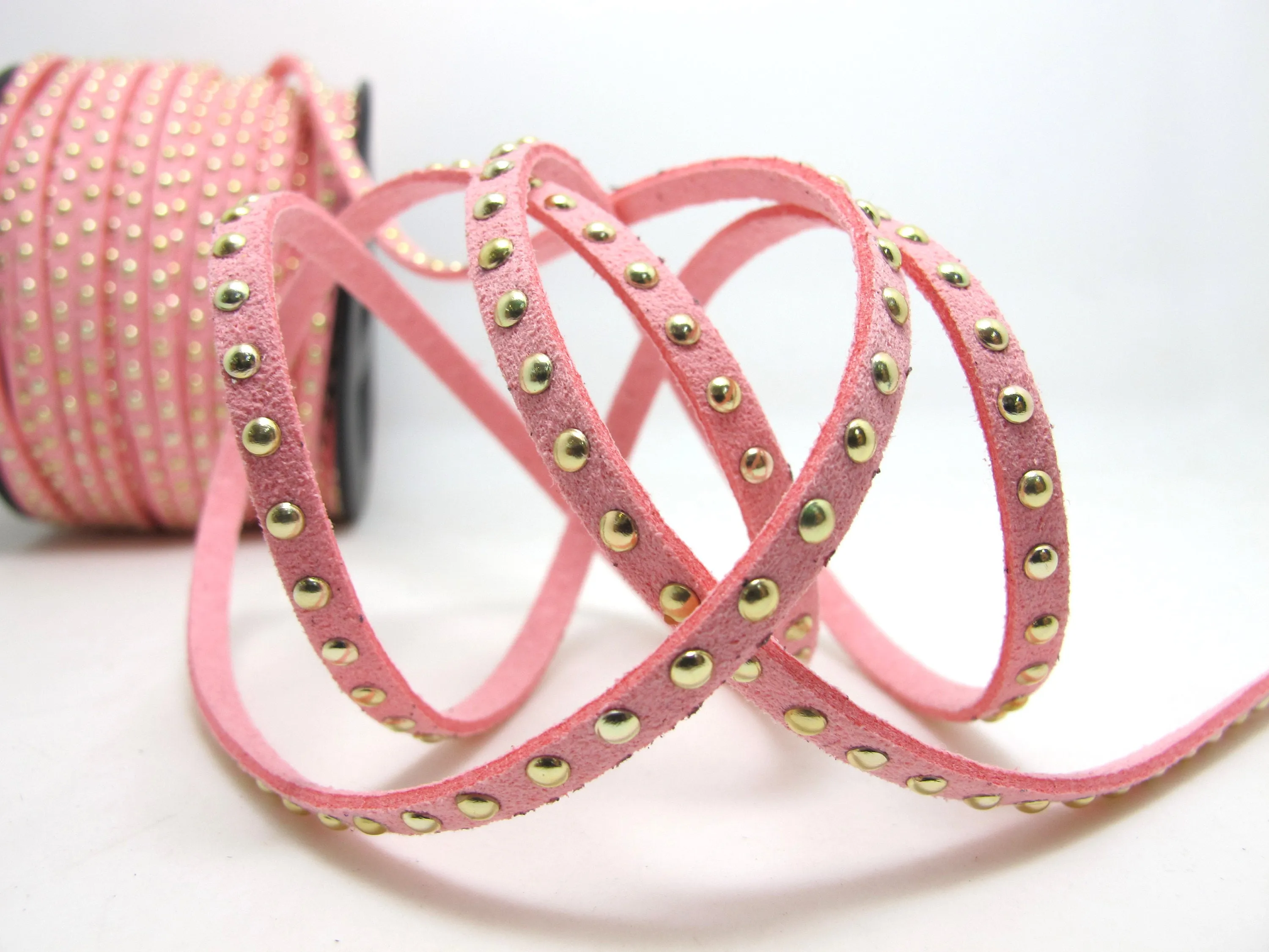 2 Yards 5mm Pink Gold Studded Faux Suede Leather Cord|Faux Leather String Jewelry Findings|Microfiber Craft Supplies|Accessories