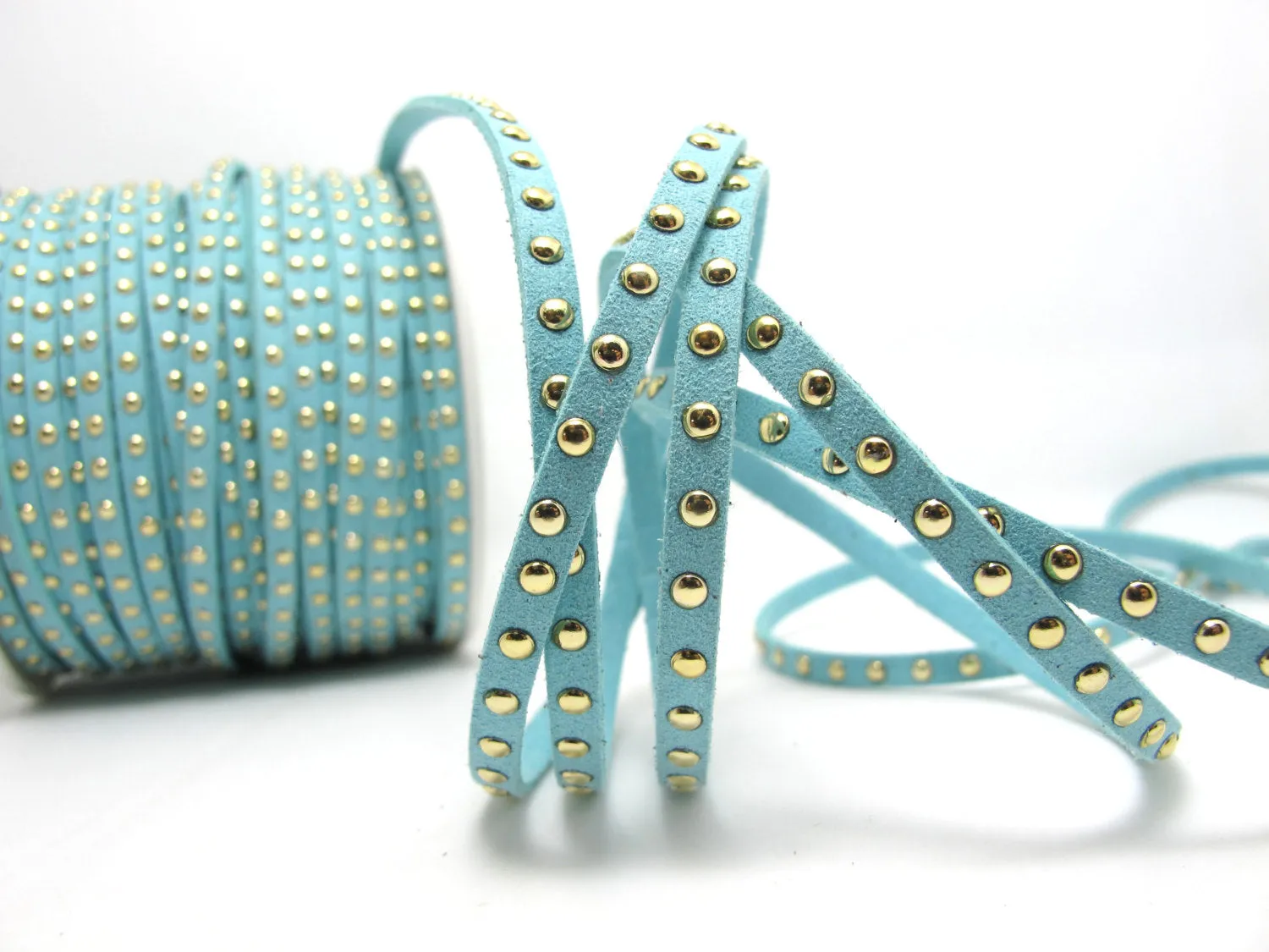 2 Yards 5mm Turquoise Studded Faux Suede Leather Cord|Turquoise|Gold Studs|Faux Leather String Jewelry Findings|Microfiber Craft Supplies
