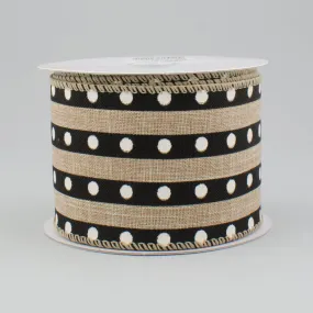 2.5" Canvas Dotted Stripe Ribbon: Natural Linen & Black (10 Yards)