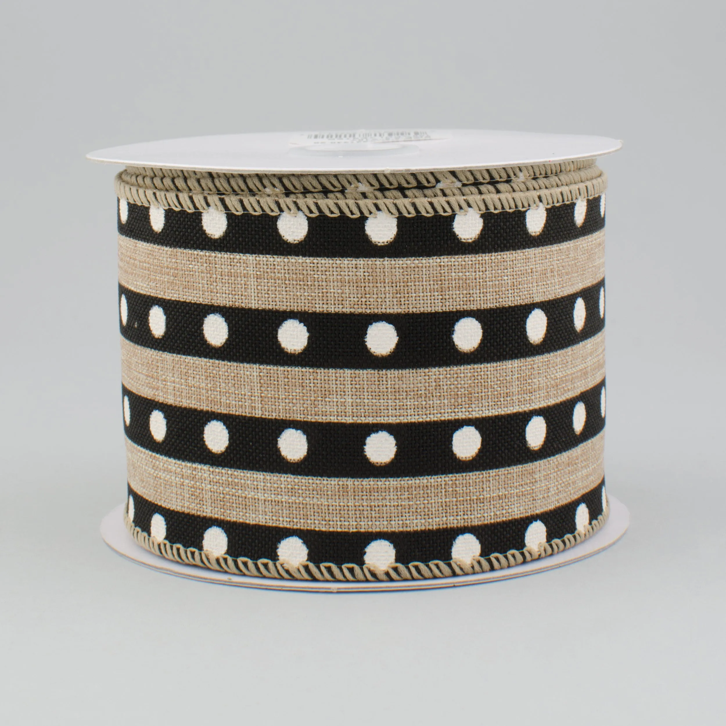 2.5" Canvas Dotted Stripe Ribbon: Natural Linen & Black (10 Yards)
