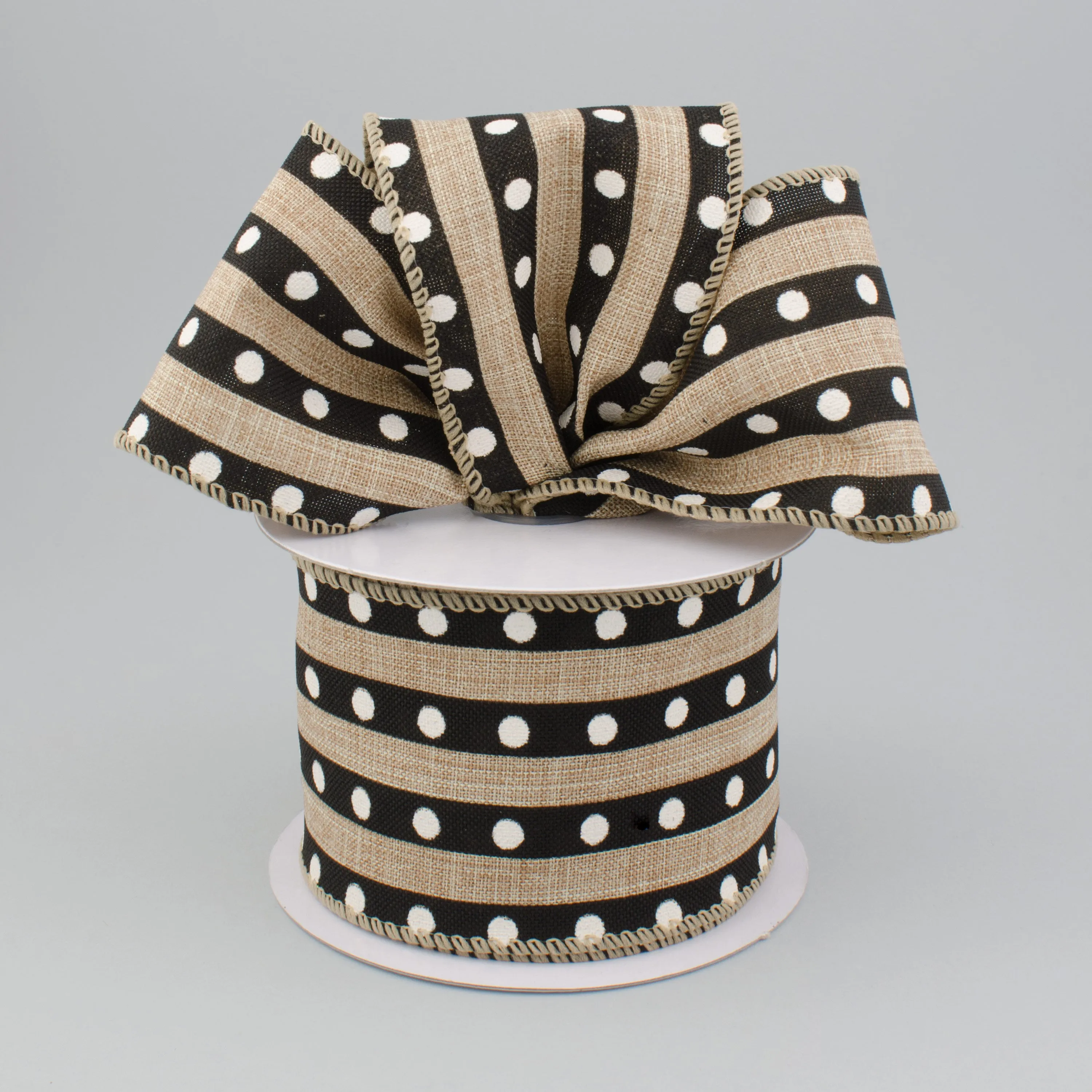 2.5" Canvas Dotted Stripe Ribbon: Natural Linen & Black (10 Yards)