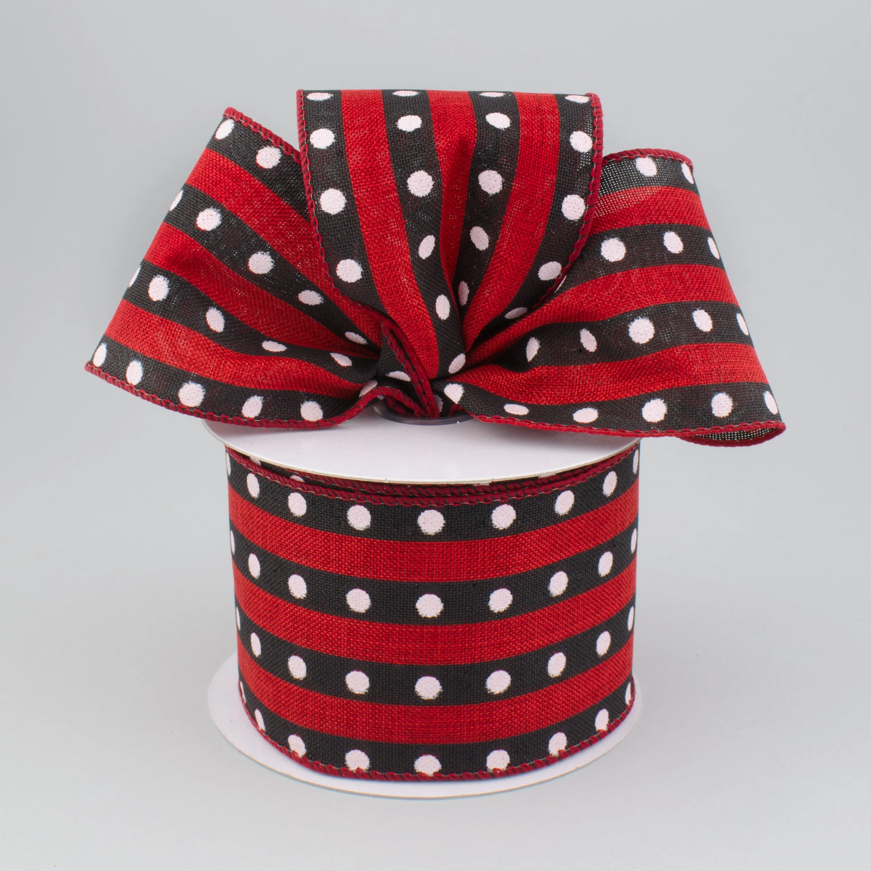 2.5" Canvas Dotted Stripe Ribbon: Red & Black (10 Yards)