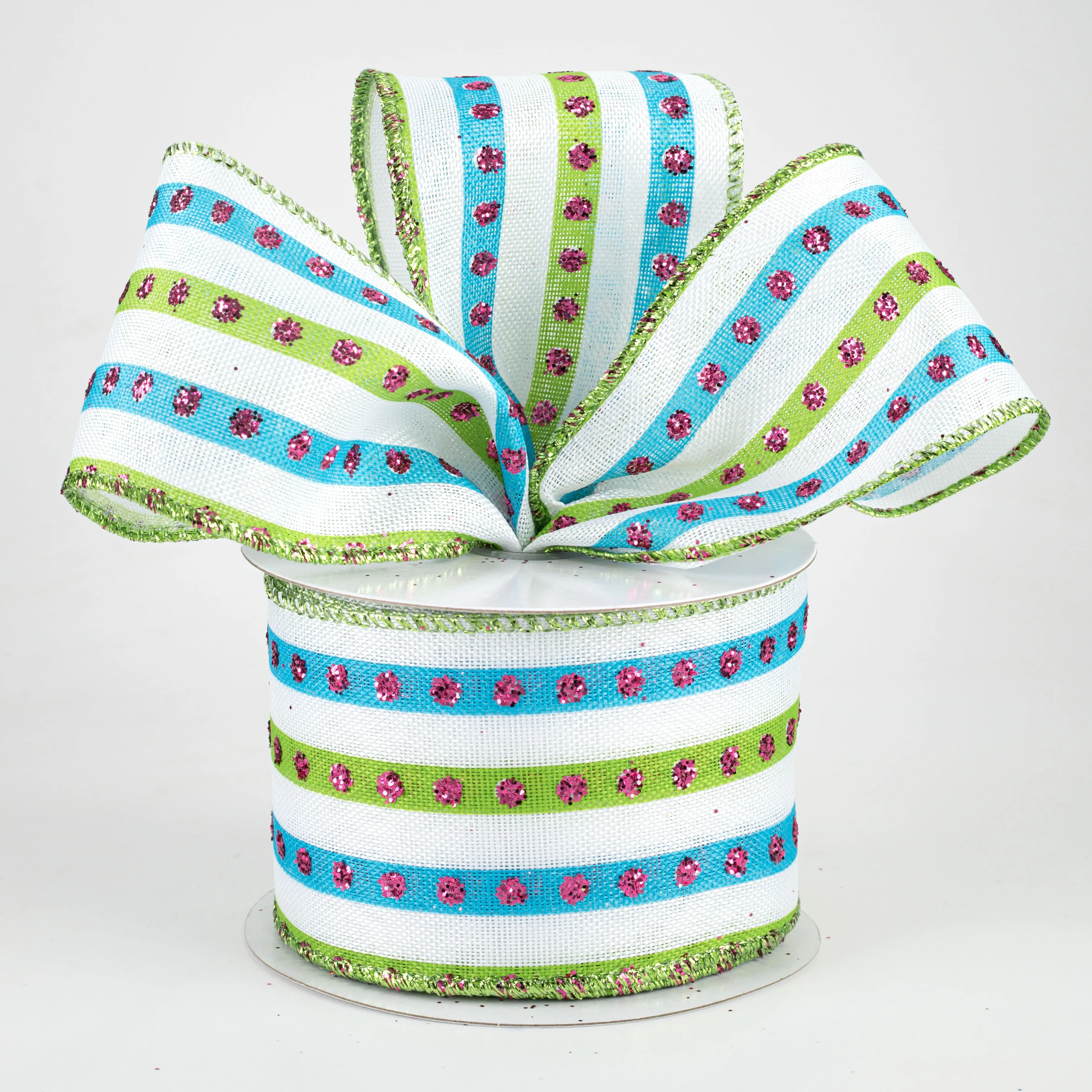 2.5" Glitter Studded Stripe Ribbon: Teal & Lime (10 Yards)