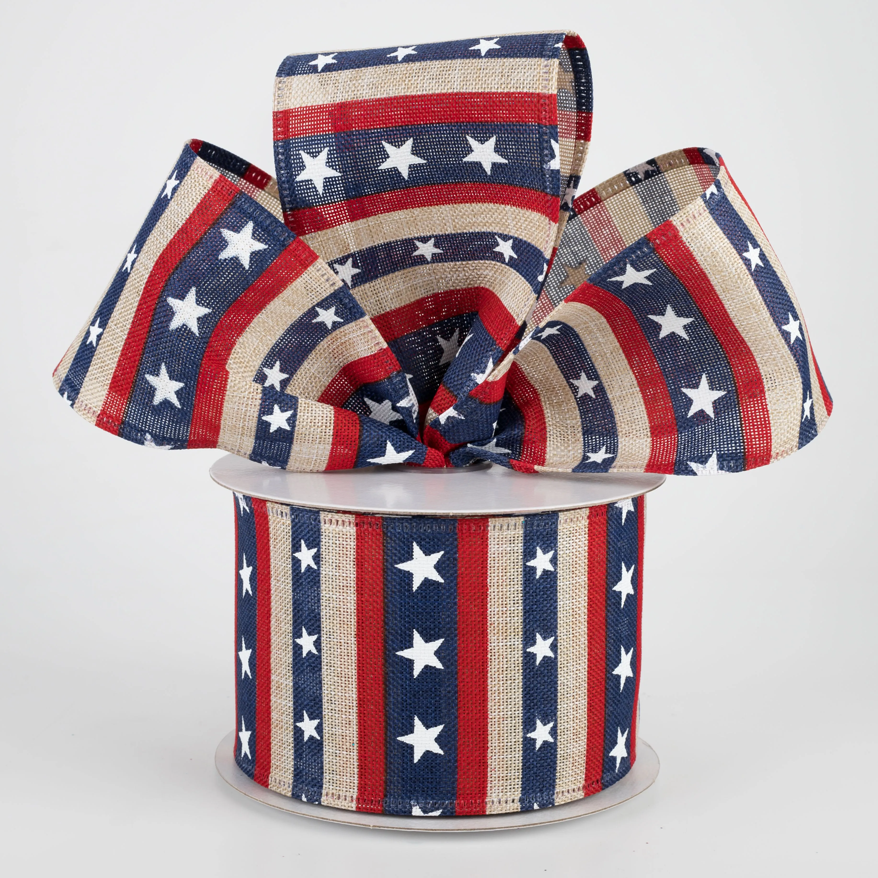 2.5" Red & Navy Star Stipes Ribbon: Natural (10 Yards)