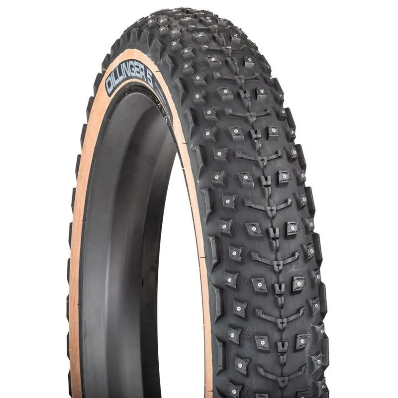 45NRTH Dillinger 5 27.5x4.5, 60tpi, Tubeless Folding Tan Sidewall (252 Concave Carbide) Studded Fat Bike Tire
