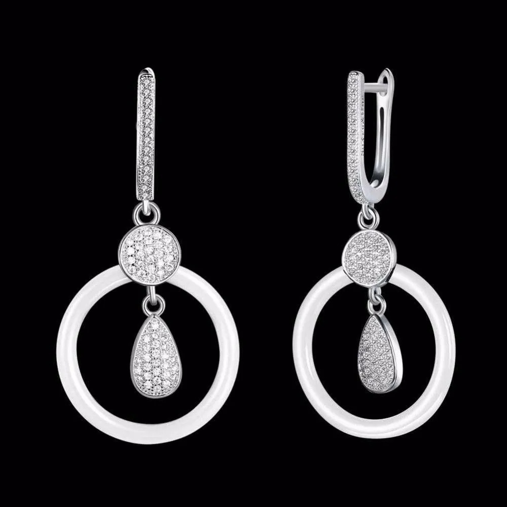 925 Sterling Silver White Ceramic Round Drop Earring