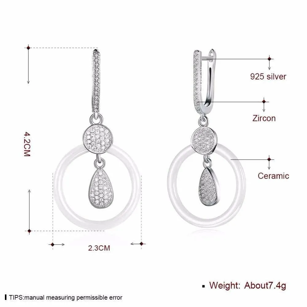 925 Sterling Silver White Ceramic Round Drop Earring