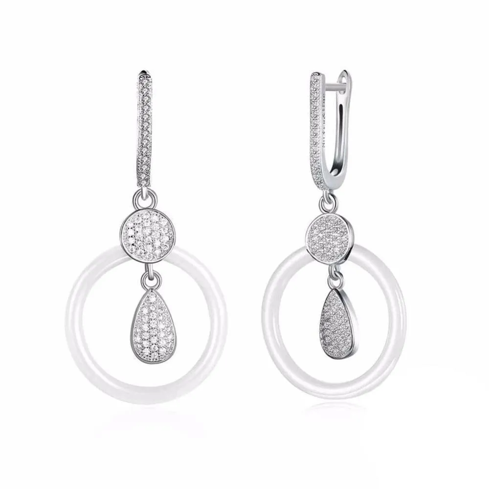 925 Sterling Silver White Ceramic Round Drop Earring