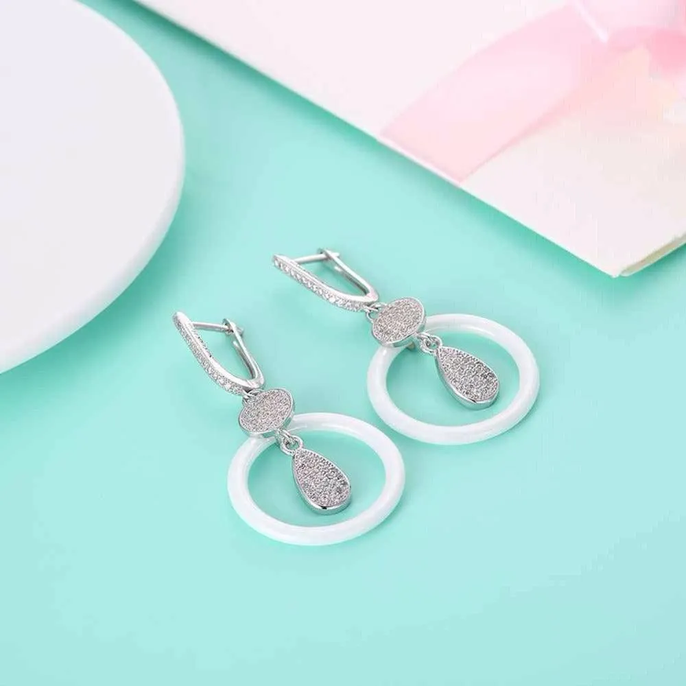 925 Sterling Silver White Ceramic Round Drop Earring