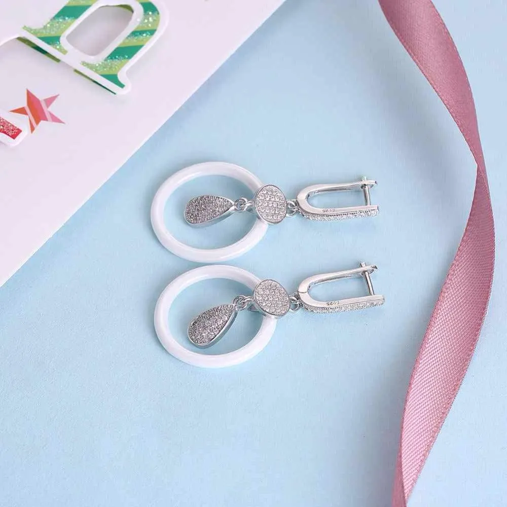 925 Sterling Silver White Ceramic Round Drop Earring