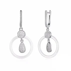 925 Sterling Silver White Ceramic Round Drop Earring