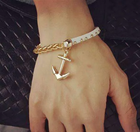 Anchor Gold Chain and White Suede Studded Bracelet