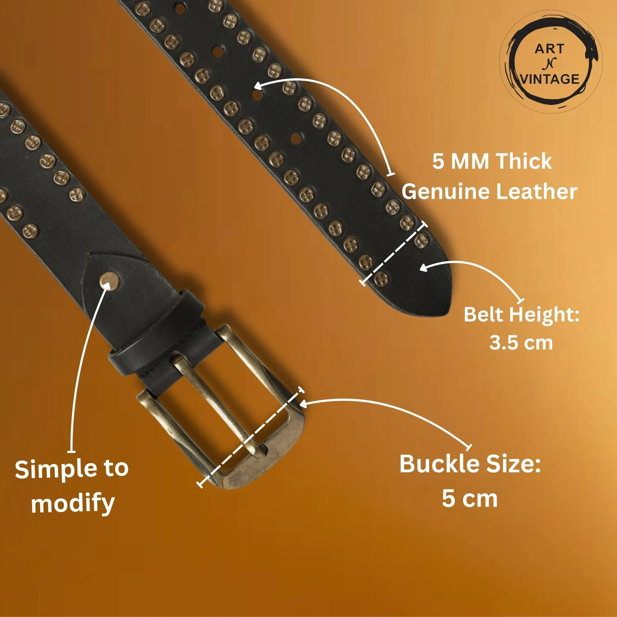 Art N Vintage Premium Black Genuine Leather Studded Men's Belt - Stylish & Durable