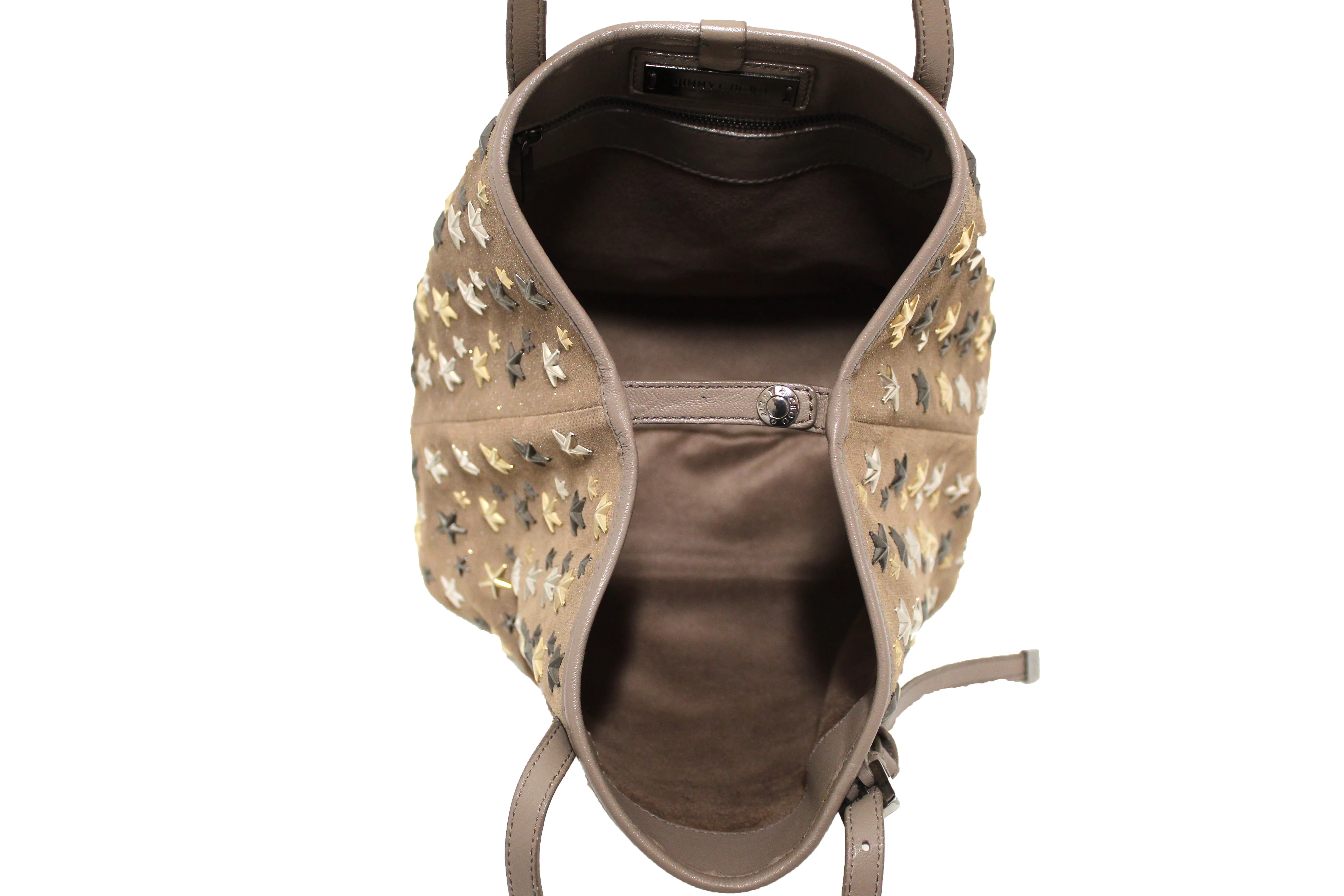 Authentic Jimmy Choo Brown Metallic Fabric with Metal Star Studded Small Tote