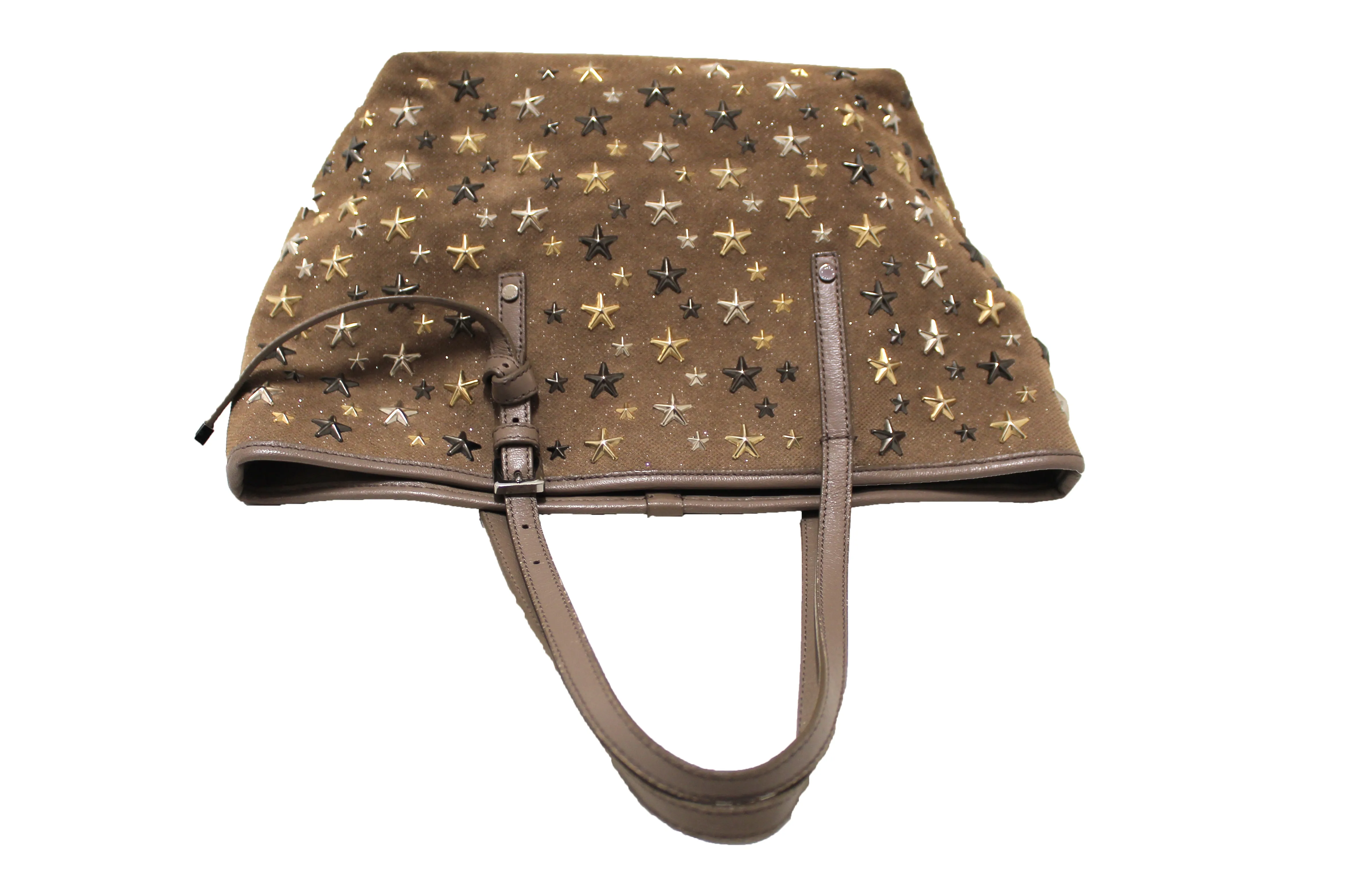 Authentic Jimmy Choo Brown Metallic Fabric with Metal Star Studded Small Tote