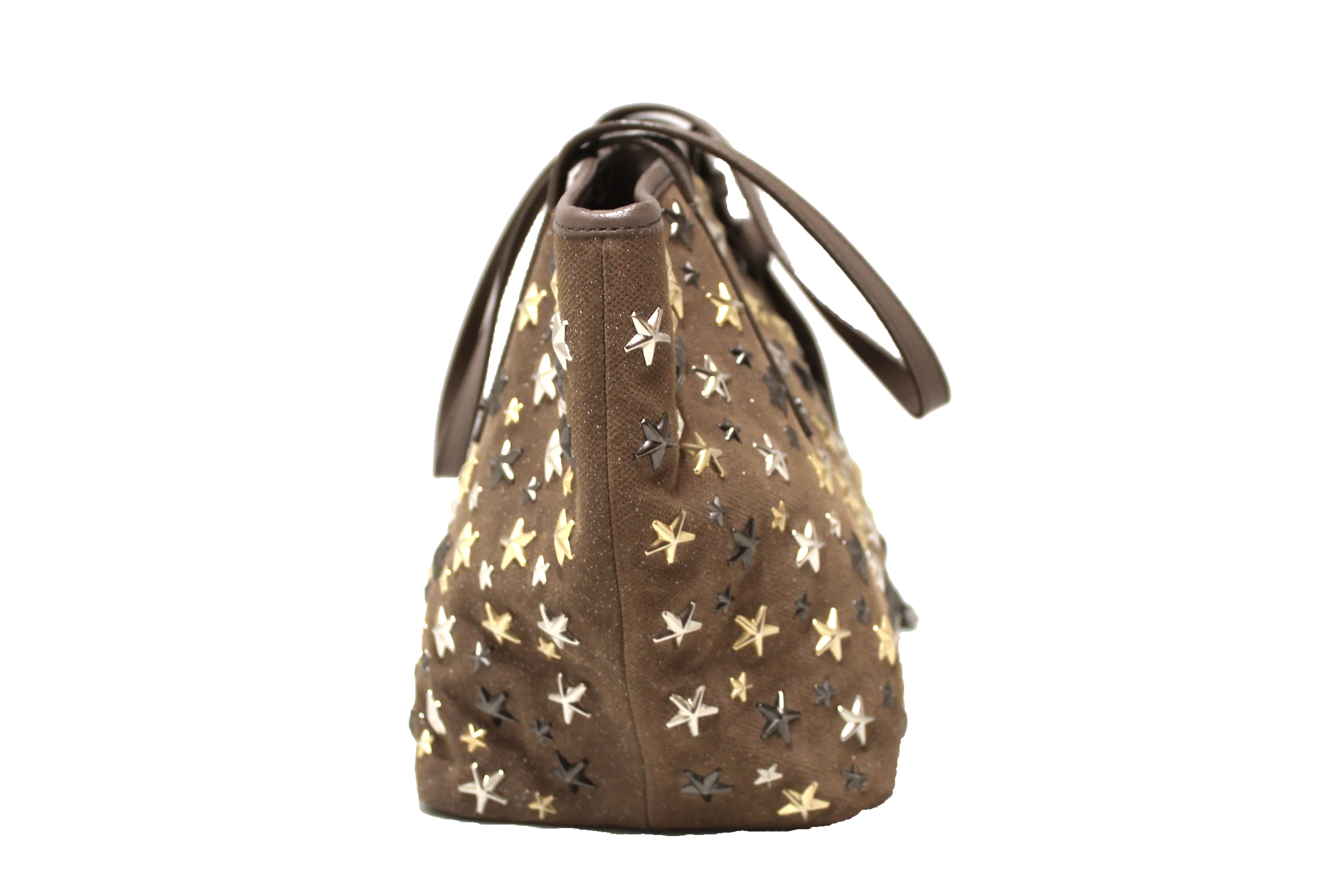 Authentic Jimmy Choo Brown Metallic Fabric with Metal Star Studded Small Tote