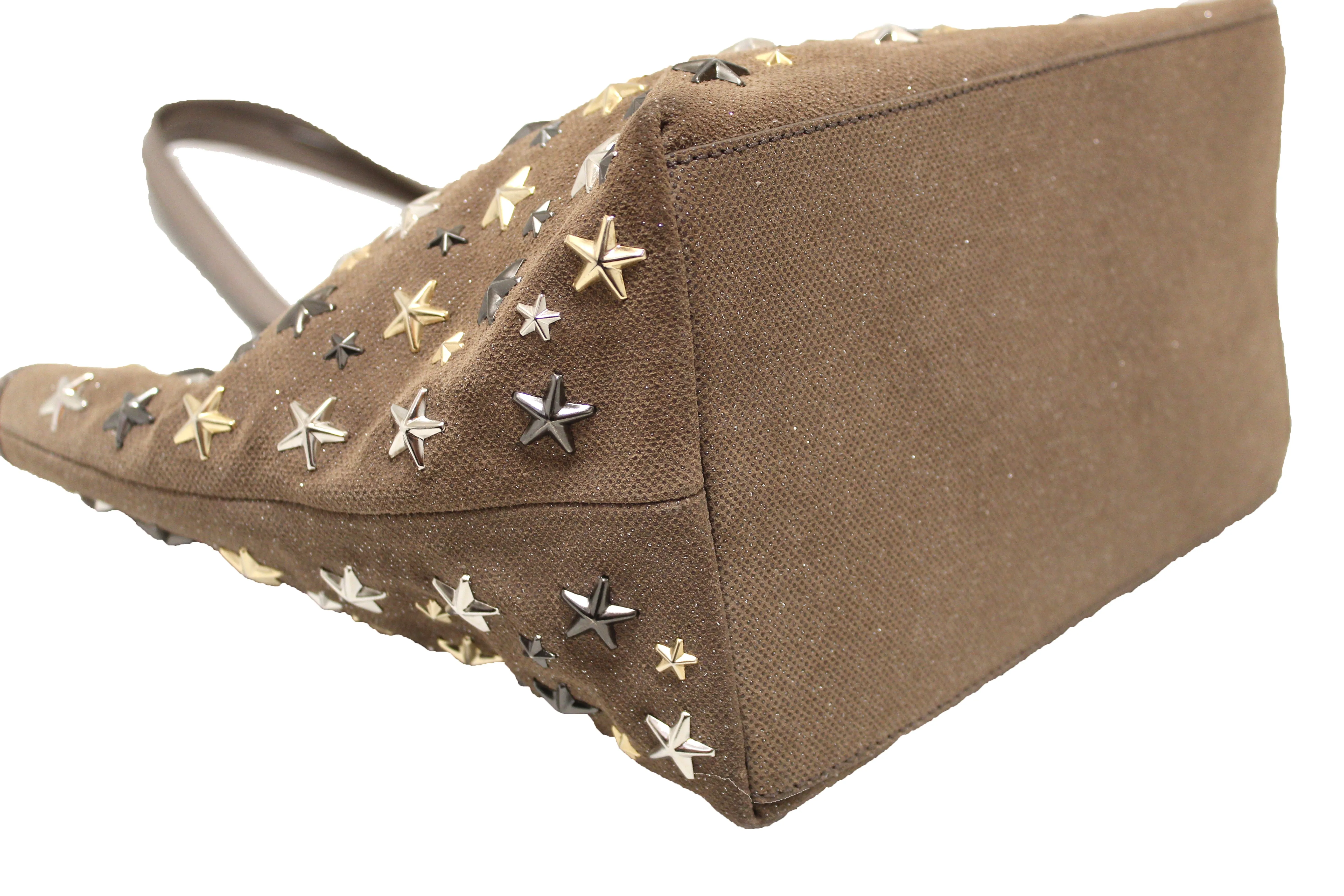 Authentic Jimmy Choo Brown Metallic Fabric with Metal Star Studded Small Tote