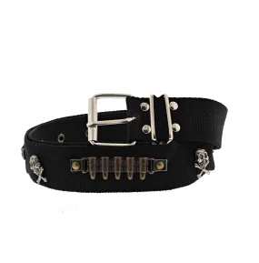 Black Canvas Belt with Skull &amp; Crossbones Studs & Bullet Straps