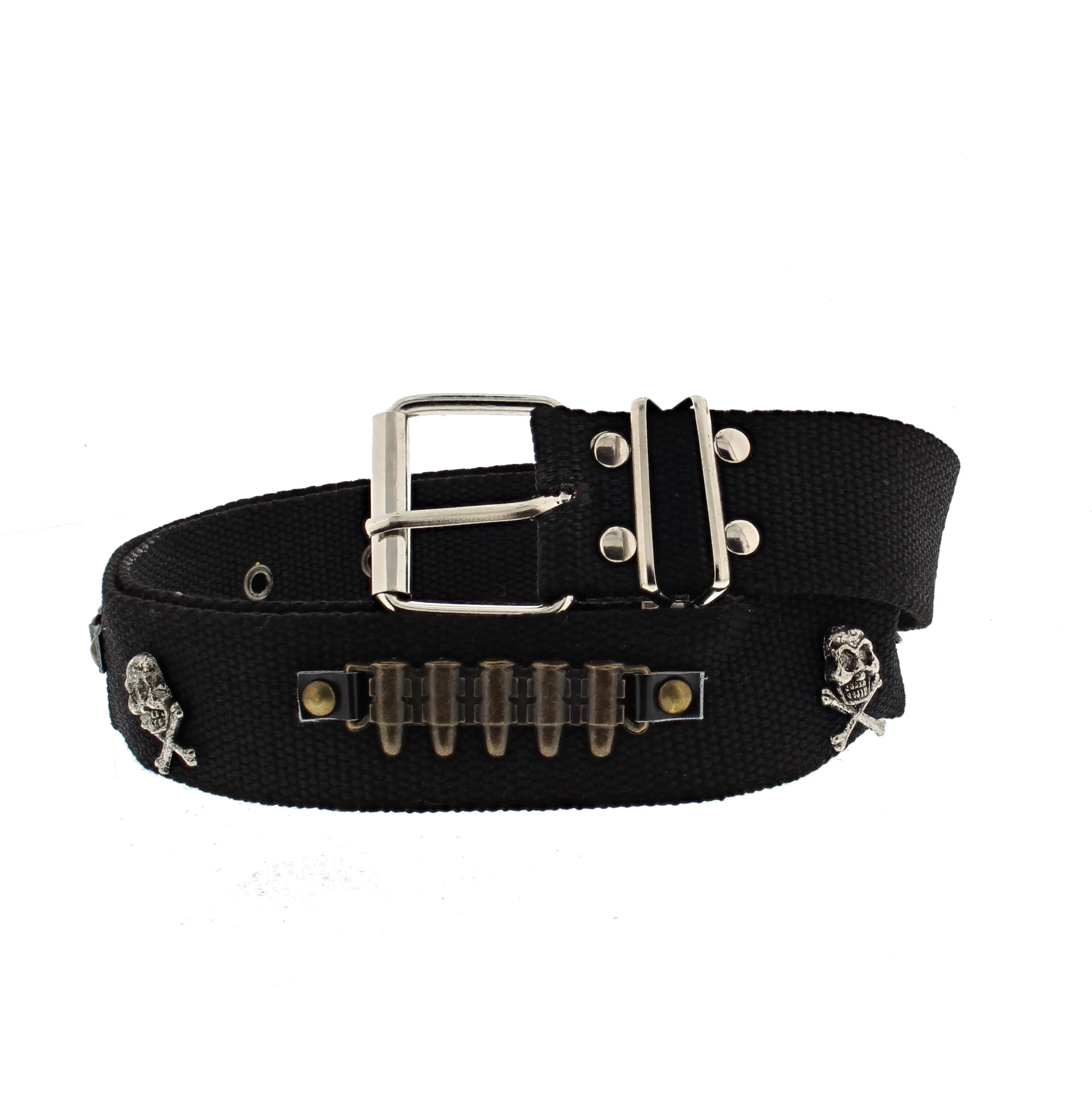 Black Canvas Belt with Skull &amp; Crossbones Studs & Bullet Straps