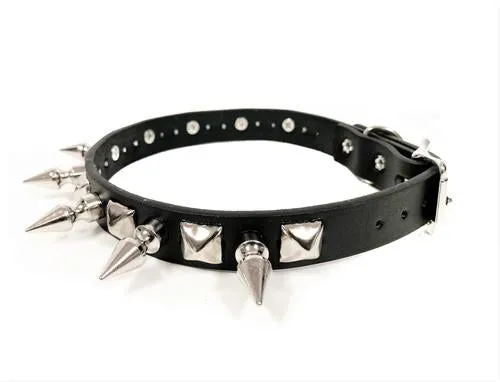Black Leather Collar w/ Silver Spike and Pyramid Stud Details