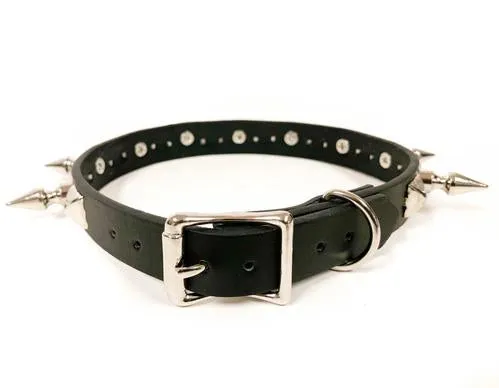 Black Leather Collar w/ Silver Spike and Pyramid Stud Details