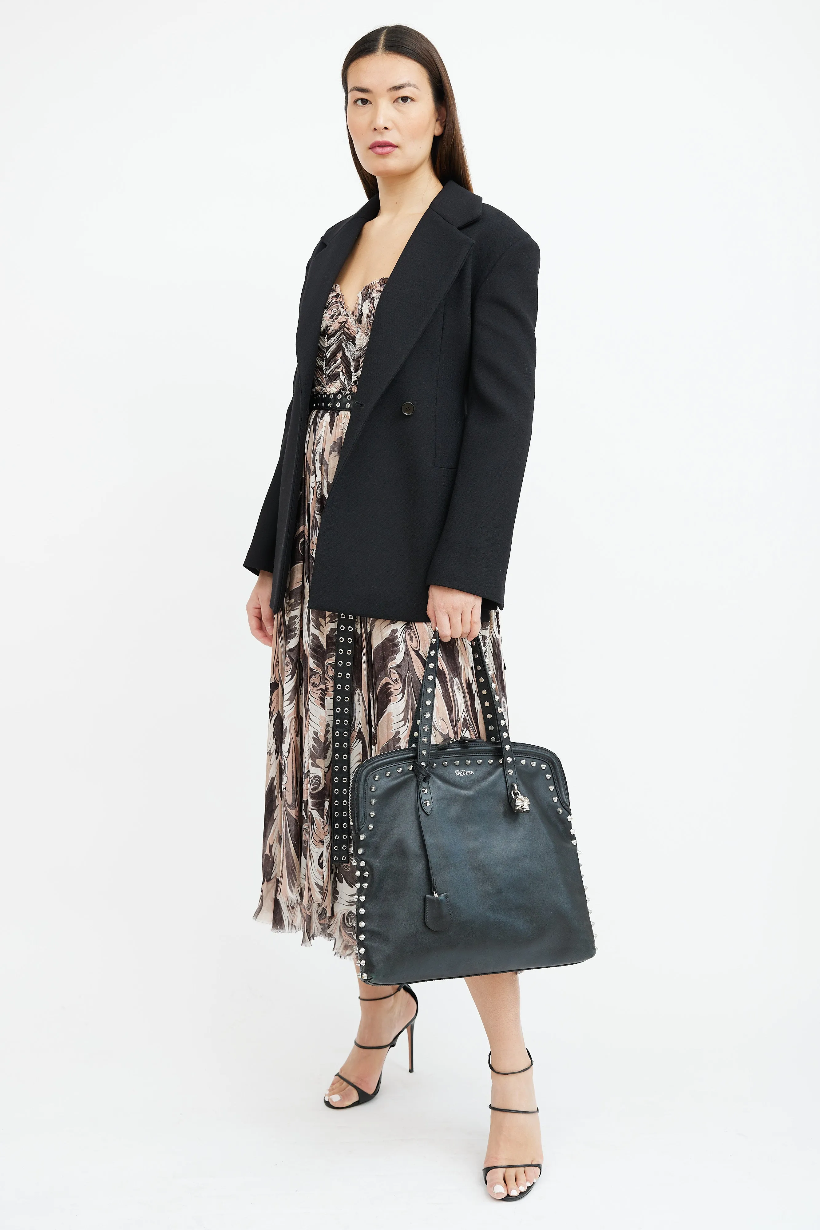 Black Leather Studded Skull Lock Tote Bag