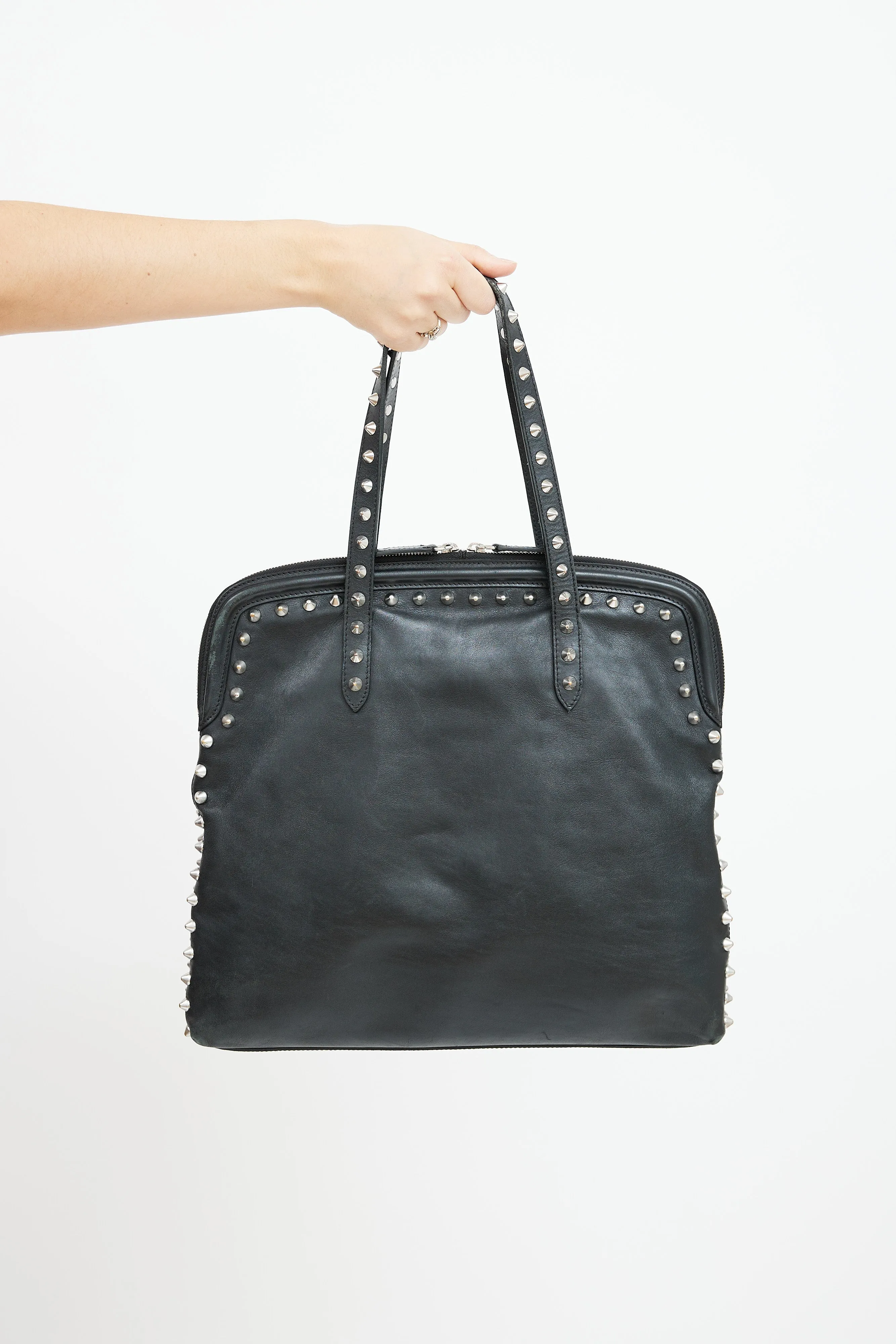 Black Leather Studded Skull Lock Tote Bag
