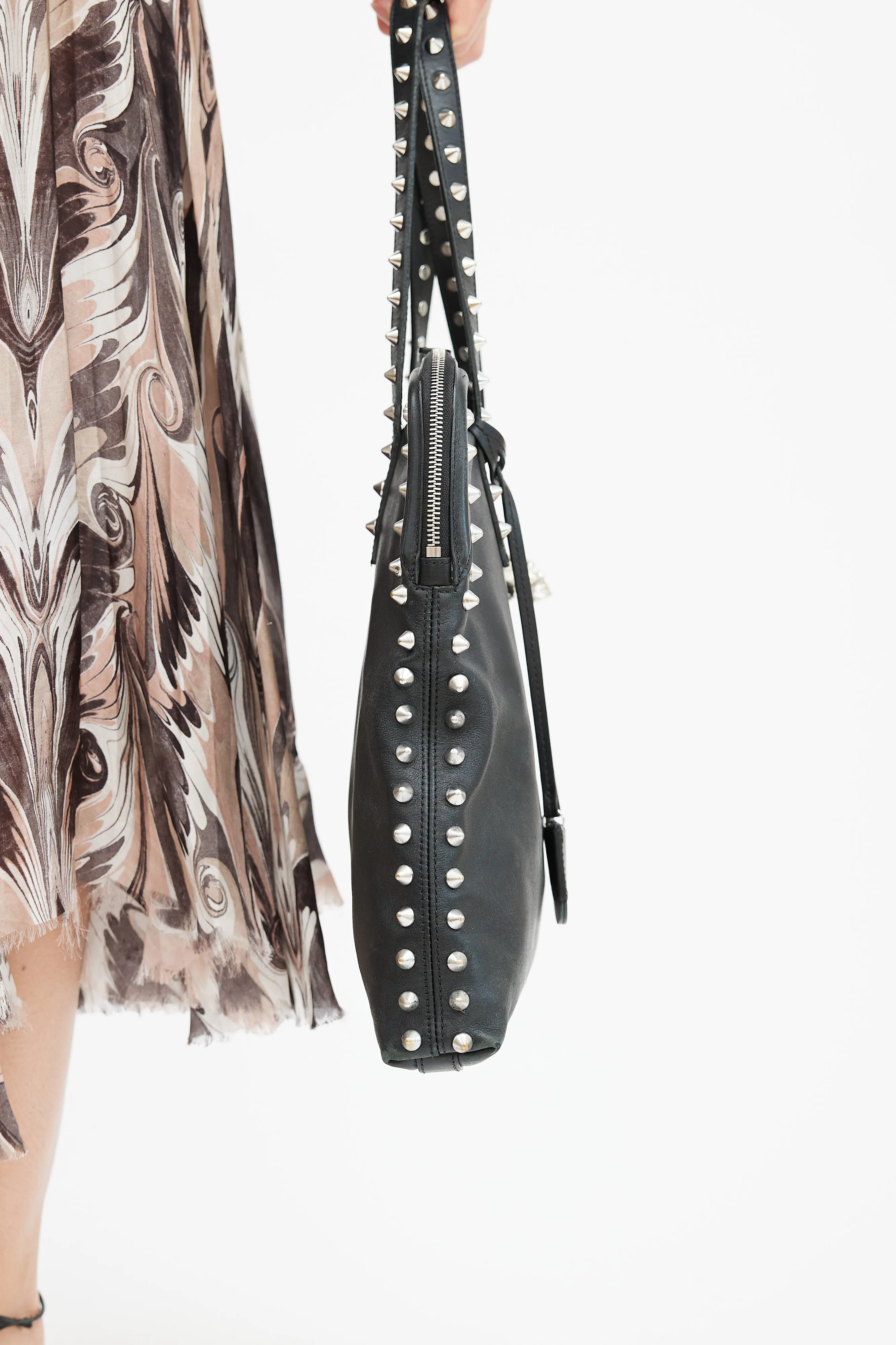 Black Leather Studded Skull Lock Tote Bag