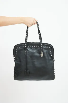 Black Leather Studded Skull Lock Tote Bag