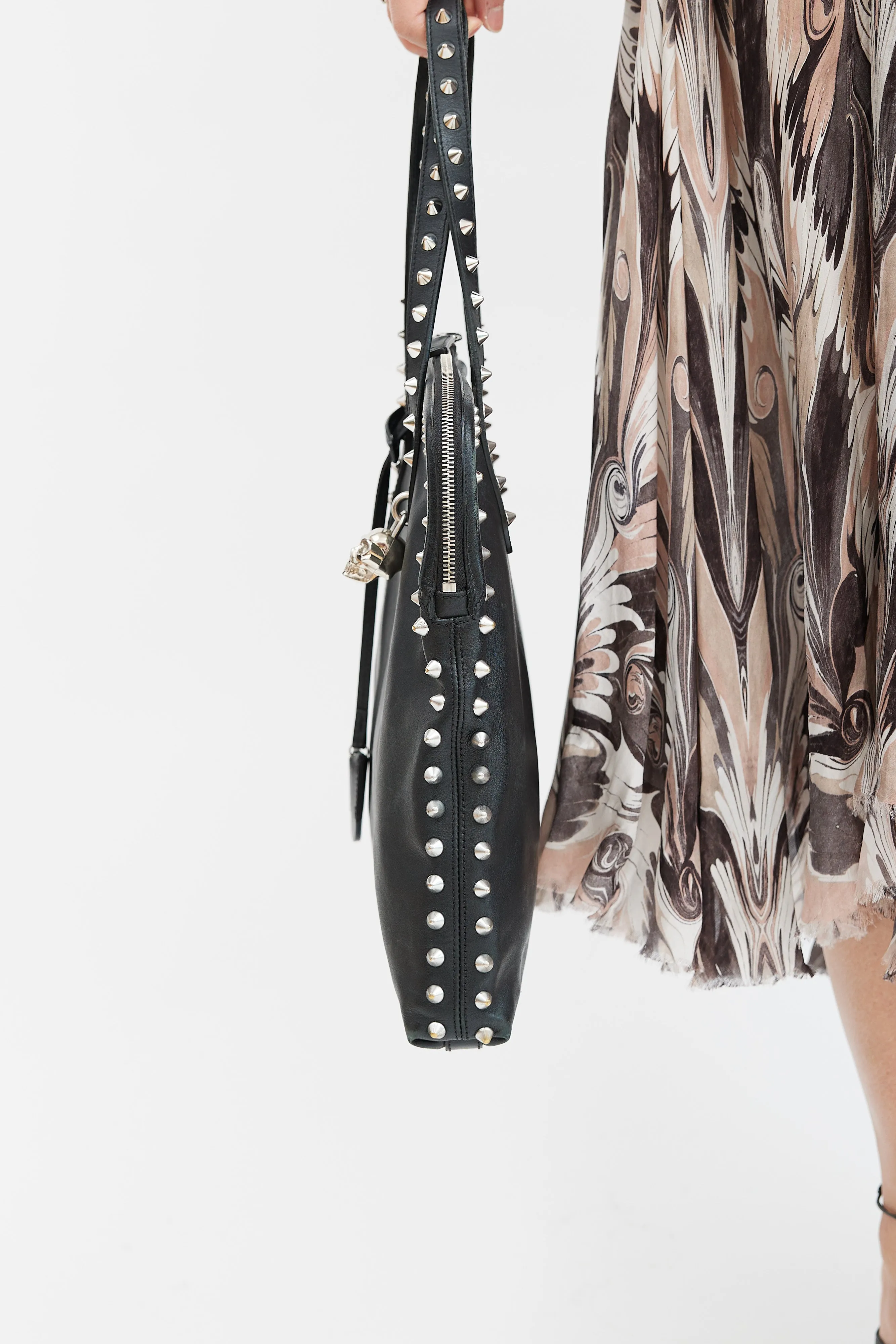 Black Leather Studded Skull Lock Tote Bag