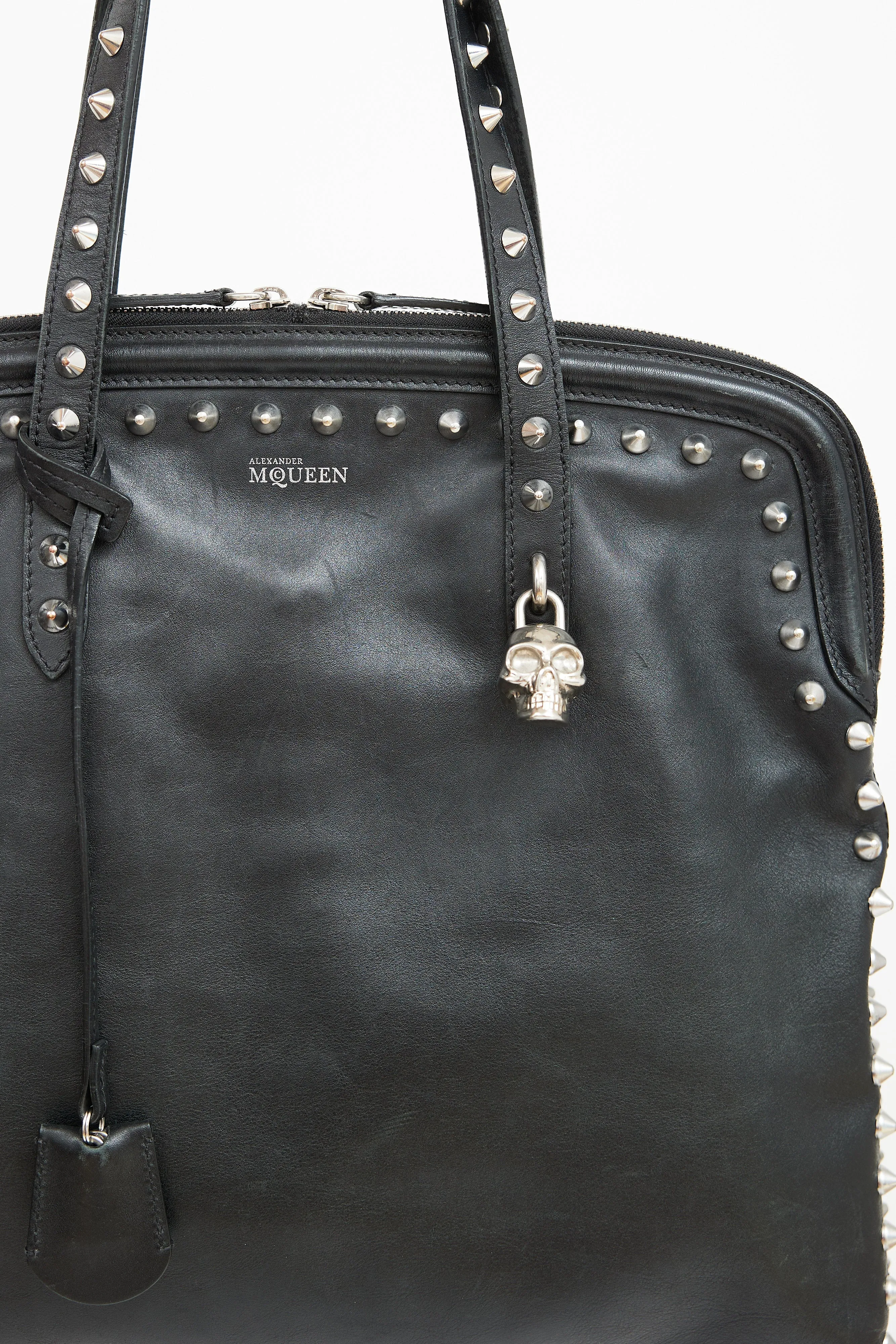 Black Leather Studded Skull Lock Tote Bag