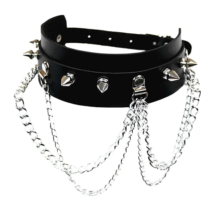 Black Spiked PU Choker with 4-Chain