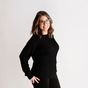 Black Women's Ribbed Knit Crew Neck Sweater