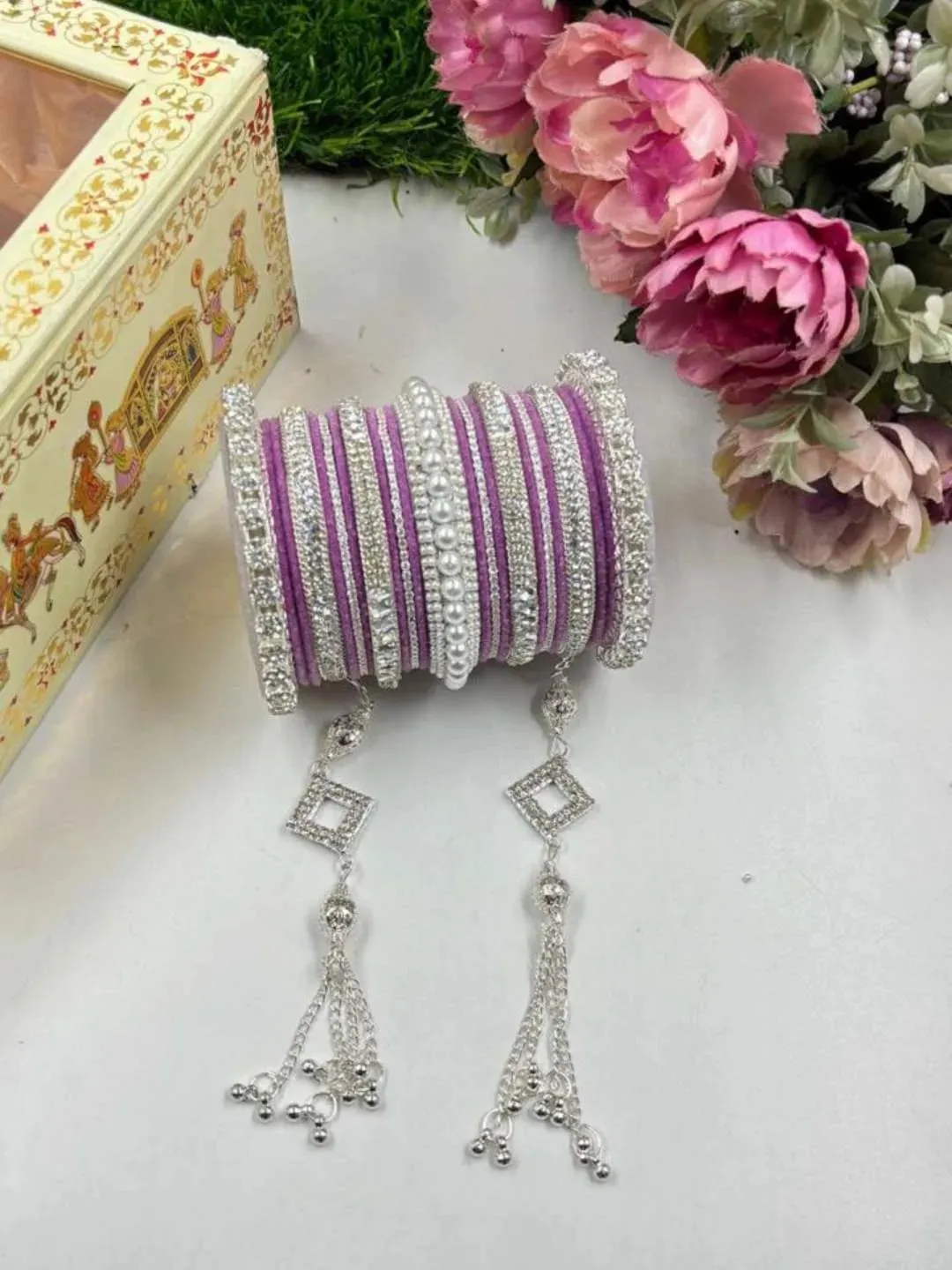Brass Plated Stone Studded And Beaded Chooda Set