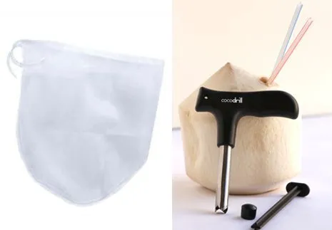 Bright Kitchen Nut Milk Bag   CocoDrill Coconut Opener Tool Combo = 1 Gallon XL nutmilk bag for sprouting, juicing  open young coconut water!