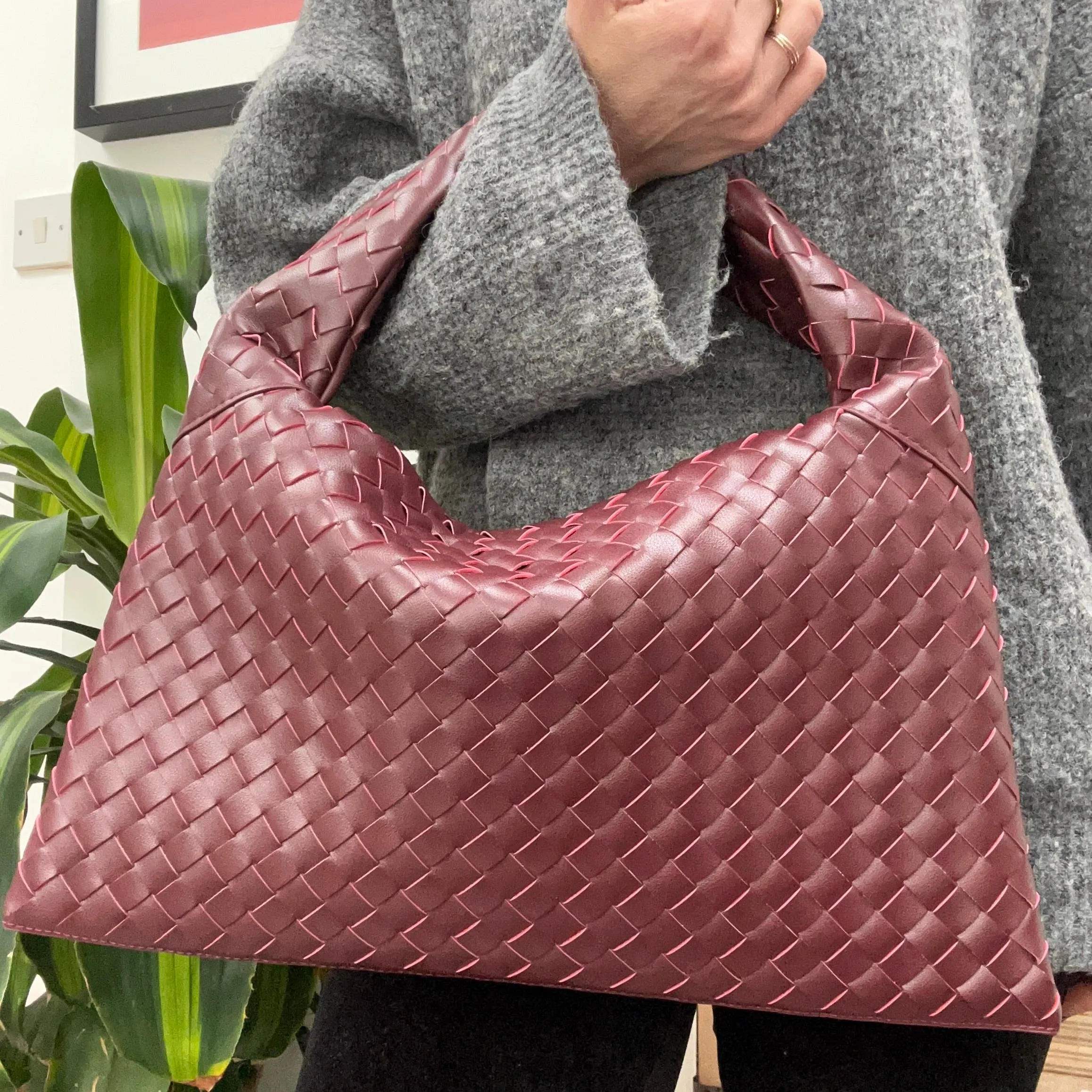 Burgundy Woven Leather Handbag
