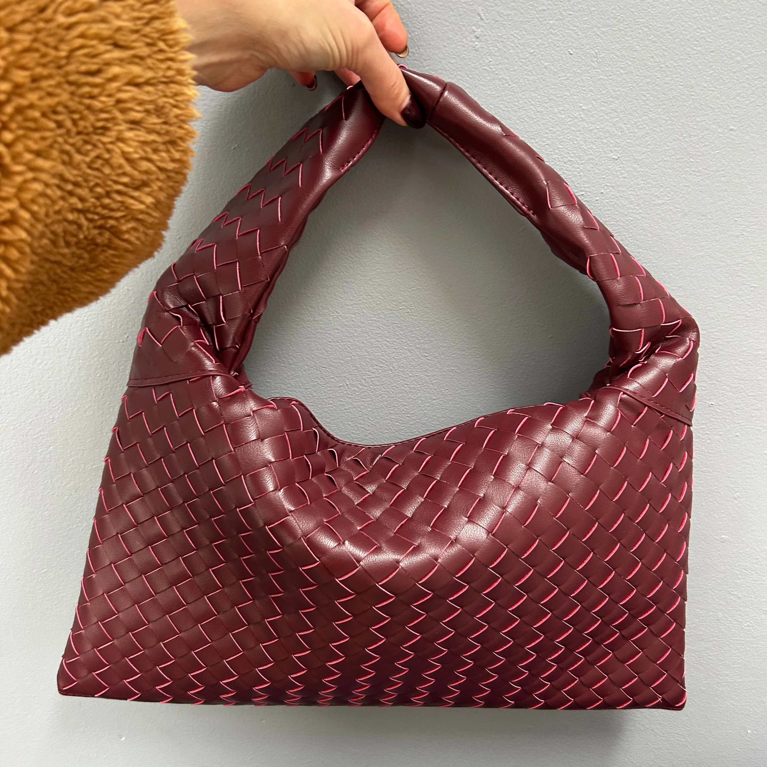 Burgundy Woven Leather Handbag