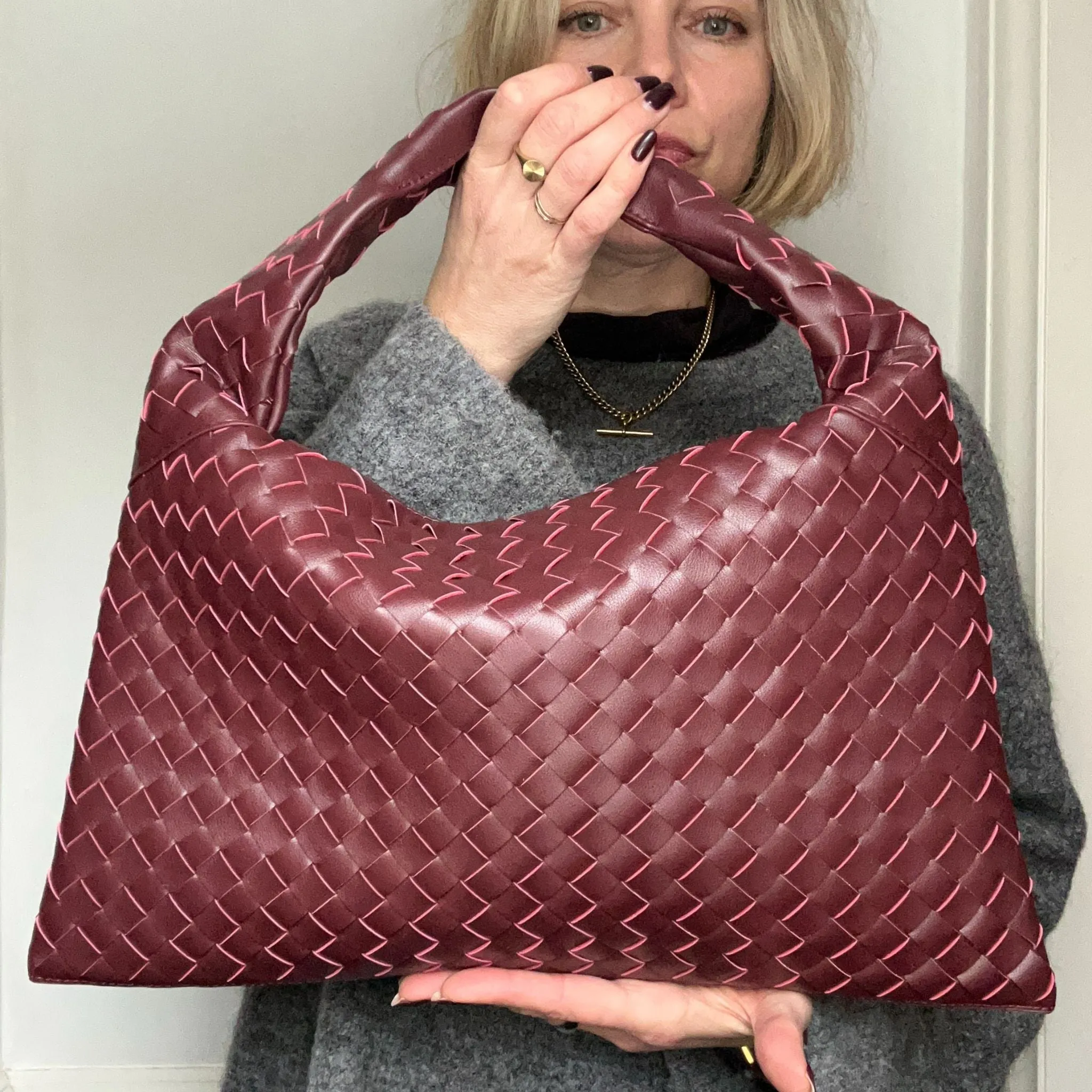 Burgundy Woven Leather Handbag