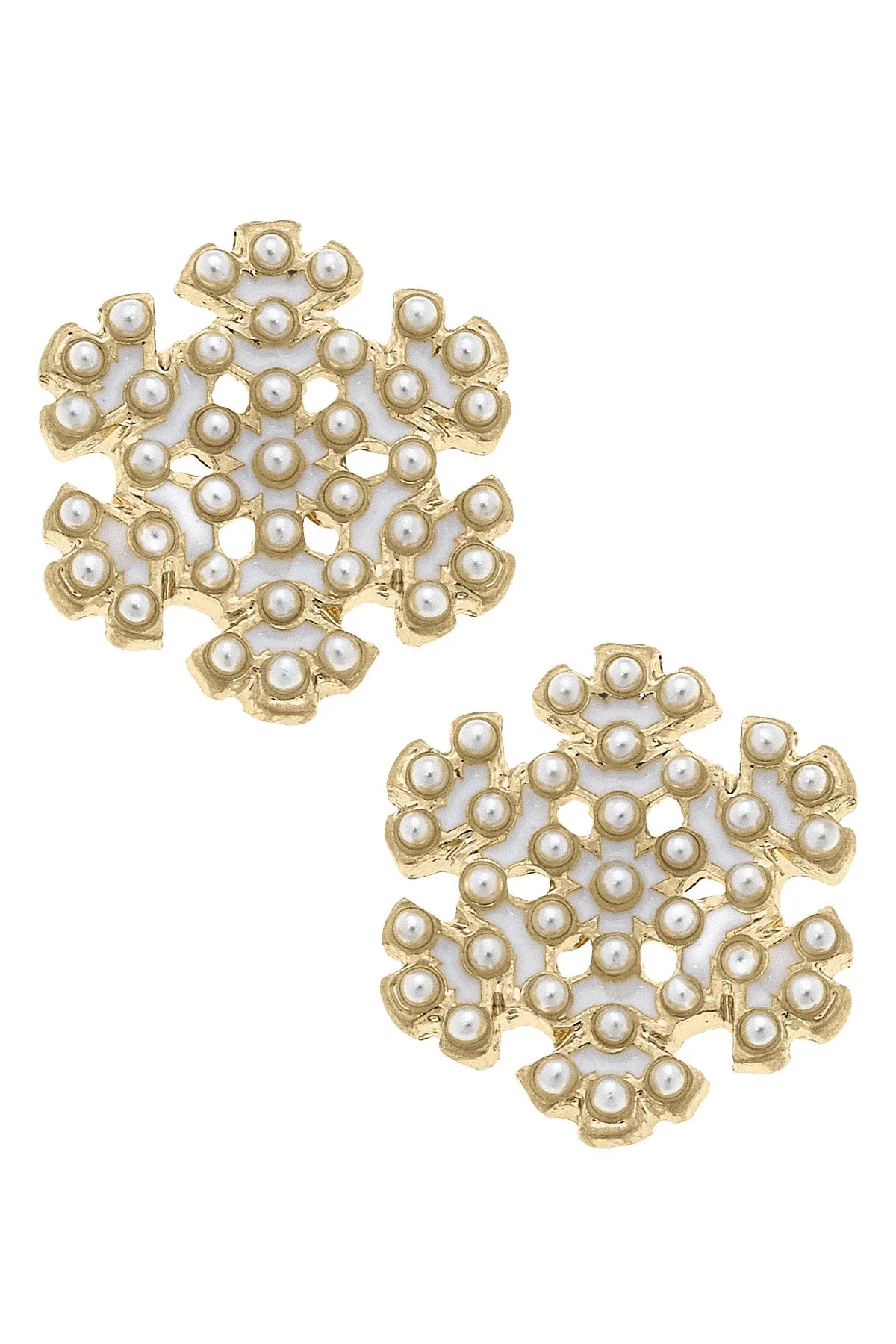 Canvas Jewelry CJ 25453E-IV Pearl Studded Enamel Snowflake Stud Earrings in Ivory