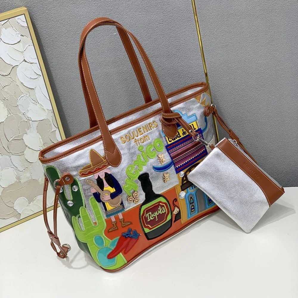 Chh Chrome Heart Leather Bag Splicing Embroidered Shoulder Bag