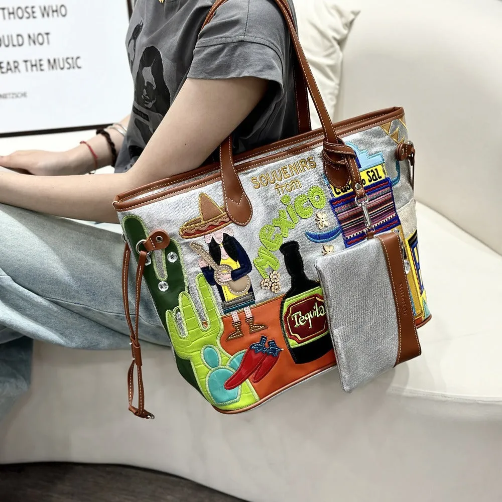 Chh Chrome Heart Leather Bag Splicing Embroidered Shoulder Bag