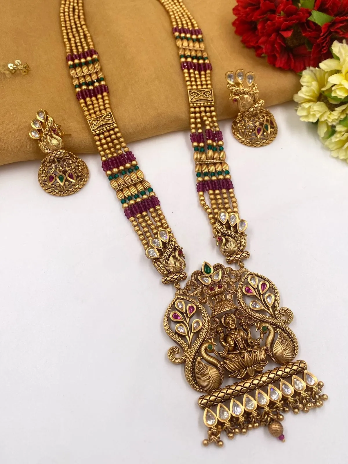 Gold Plated South Indian Lakshmi Long Temple Necklace Set For Ladies By Gehna Shop