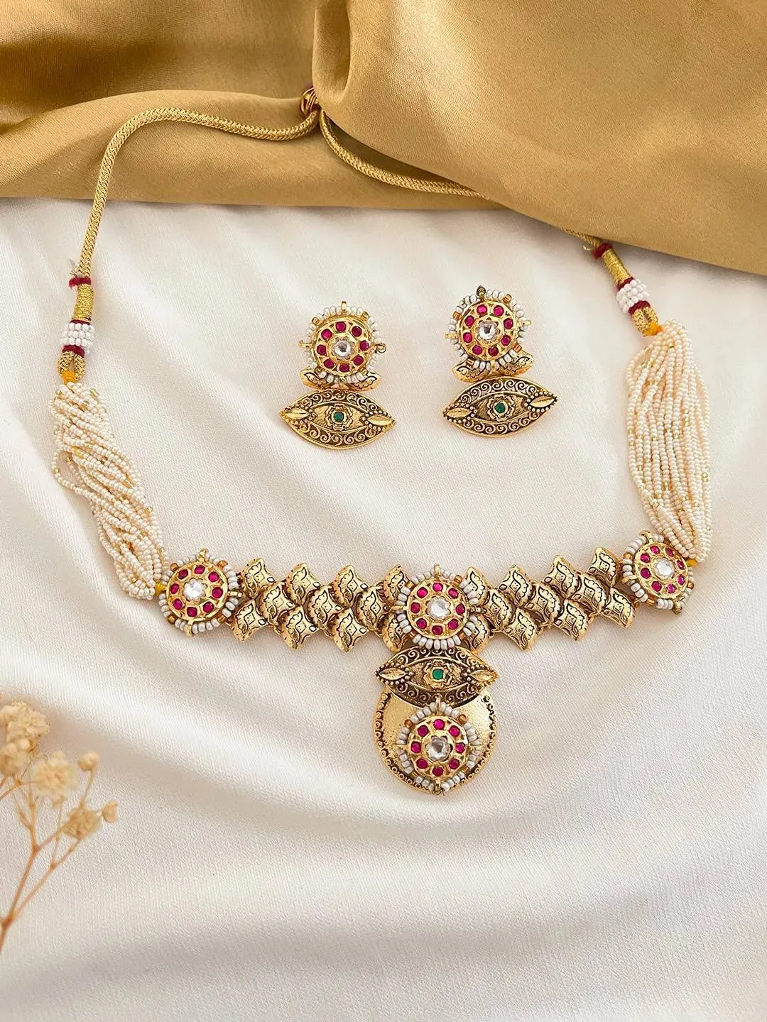 Gold Plated Stone Studded And Beaded Jewellery Set