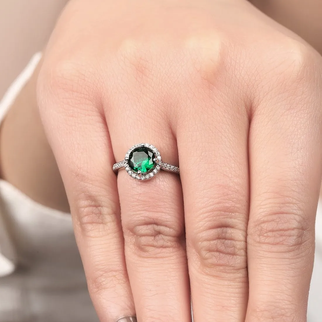 Green Solitaire Halo CZ Studded 925 Sterling Silver Ring (Adjustable)
